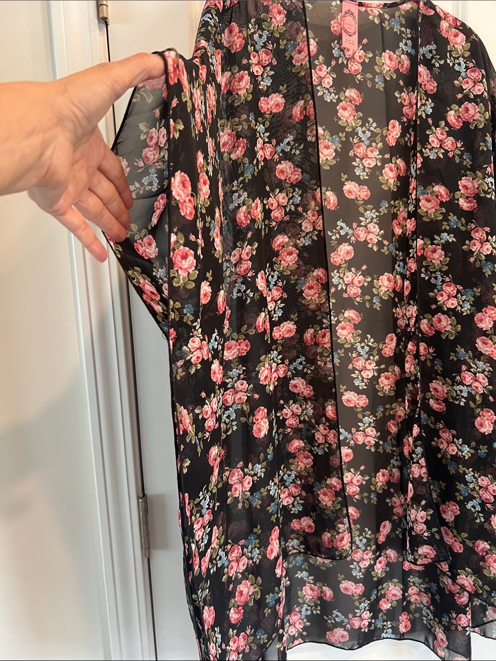 Honeyme Black Sheer Floral Kimono with Pink Roses - Picture 2 of 5